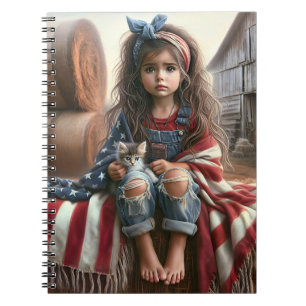 Cuaderno Chica Con Bandera Estadounidense Y Gatito