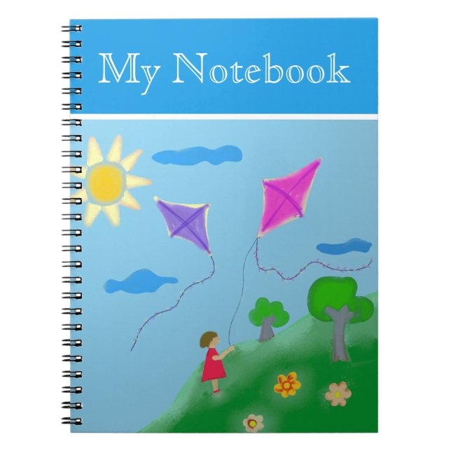 Cuaderno Chica con dibujos de sol de flores de cometas (Frente)