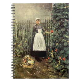Cuaderno Chica con una cesta de verduras en un jardín