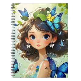 Cuaderno chica con una mariposa azul en la cabeza