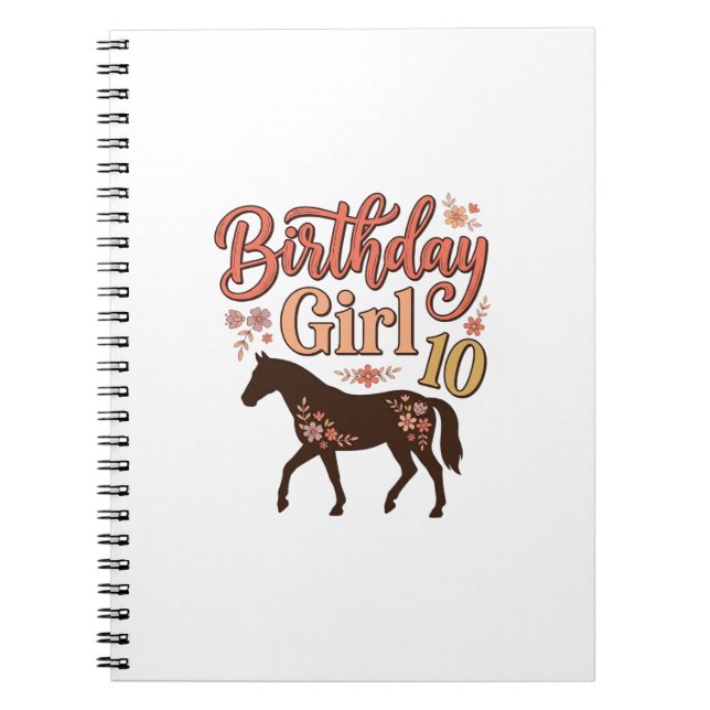 Cuaderno Chica Cumpleaños 10 Caballo Diseño Vectorial Flora (Frente)