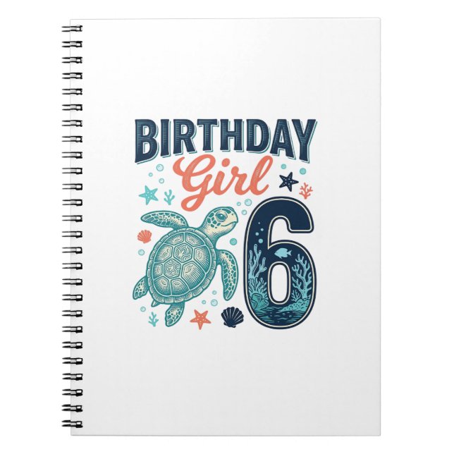 Cuaderno Chica Cumpleaños 6 Tortuga Marina Diseño Vectorial (Frente)