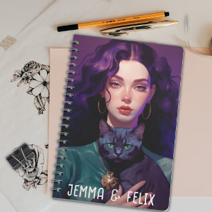 Cuaderno Chica Cute Boho, pelo púrpura, gato negro, monogra