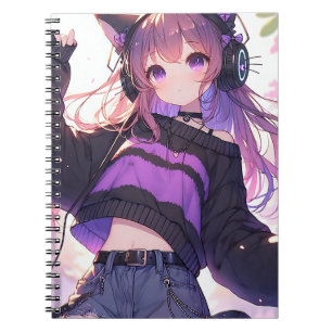 Cuaderno Chica de anime bonito en audífonos con orejas del