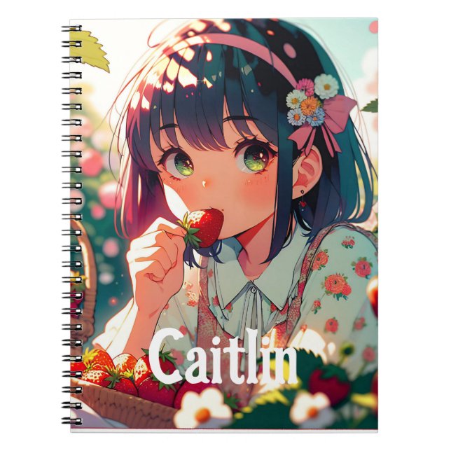 Cuaderno Chica de anime cutáneo comiendo fresas | Día de ve (Frente)