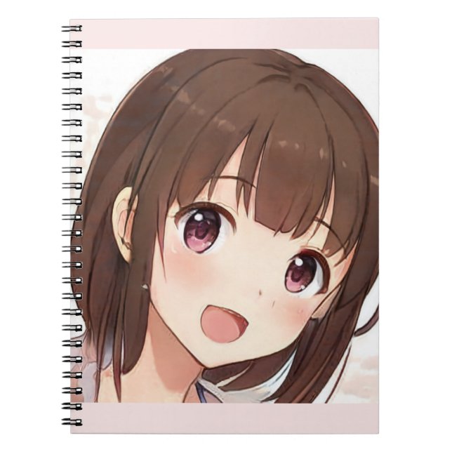 Cuaderno Chica de anime feliz lindo manga pelo castaño ojos (Frente)