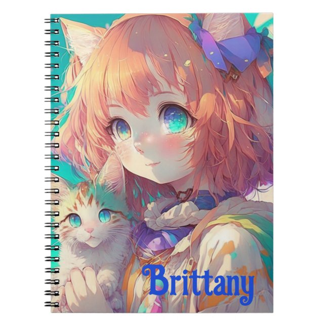 Cuaderno Chica de Anime Hermosa Personalizada con Gatito Ad (Frente)