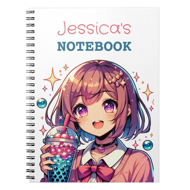 Cuaderno Chica de anime lindo sosteniendo el té de burbuja  (Frente)