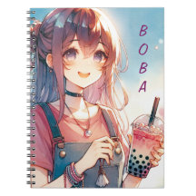 Chica de anime lindo sosteniendo un té Boba