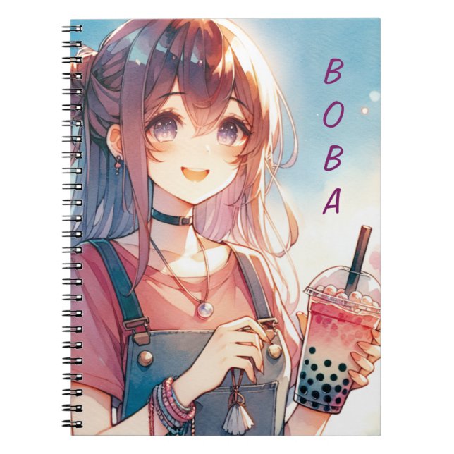 Cuaderno Chica de anime lindo sosteniendo un té Boba (Frente)