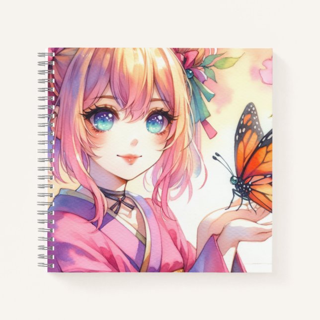 Cuaderno Chica de Anime Sosteniendo una Mariposa (Anverso)