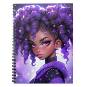 Cuaderno Chica de galaxia púrpura con pelo rizado