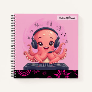 Cuaderno Chica de música, DJ de pulpo sonriente feliz