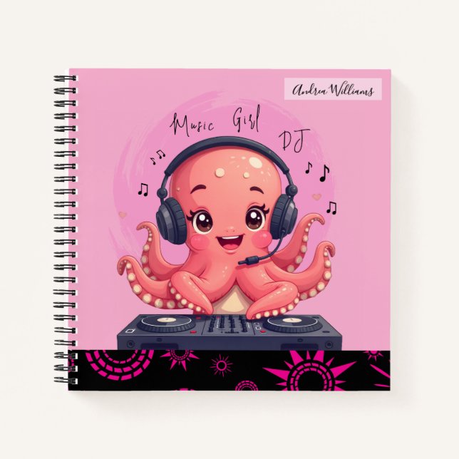 Cuaderno Chica de música, DJ de pulpo sonriente feliz (Anverso)