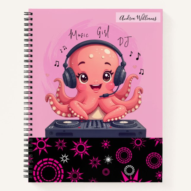 Cuaderno Chica de música, DJ de pulpo sonriente feliz (Anverso)