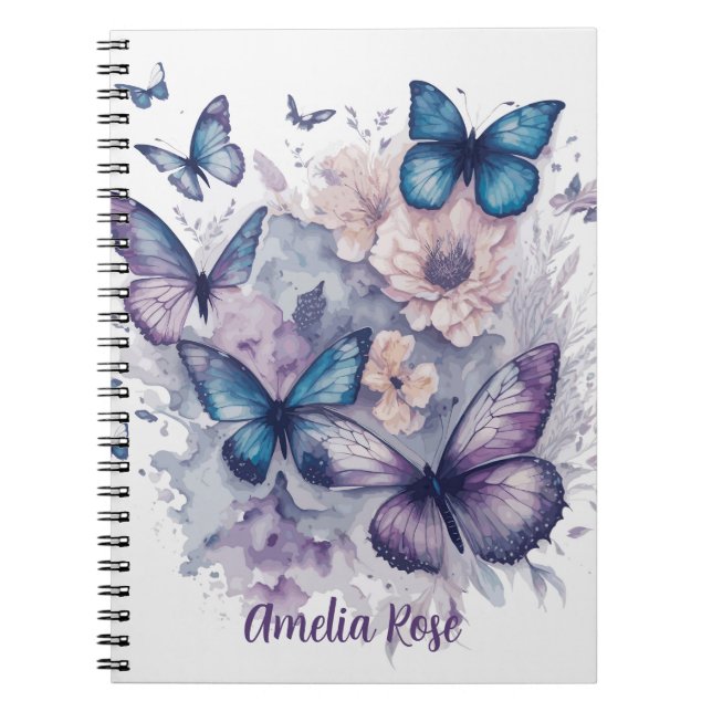 Cuaderno Chica de nombre púrpura de mariposas personalizada (Frente)
