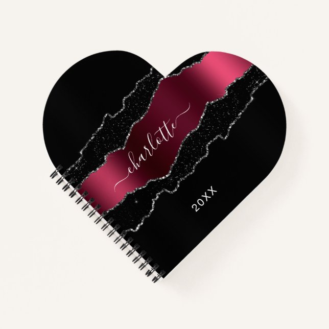 Cuaderno Chica de nombre purpurina de mármol burdeos negro (Anverso)