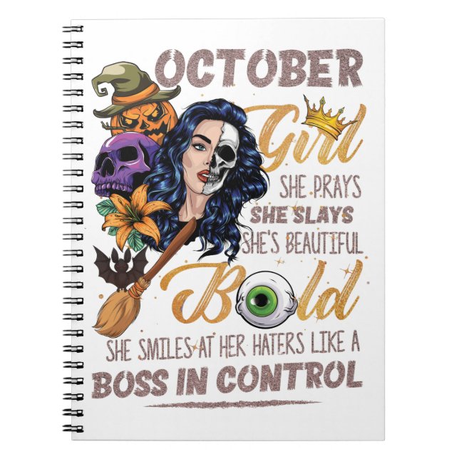 Cuaderno Chica de octubre Libra Birthday Halloween Skeleton (Frente)