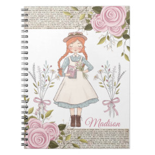 Cuaderno Chica de pelo rojo rosas rosadas victorianas vinta