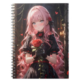 Cuaderno chica de pelo rosado sosteniendo un rosa en la man