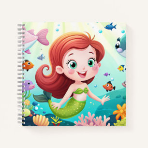 Cuaderno chica de sirena personalizado en el mar con pescad