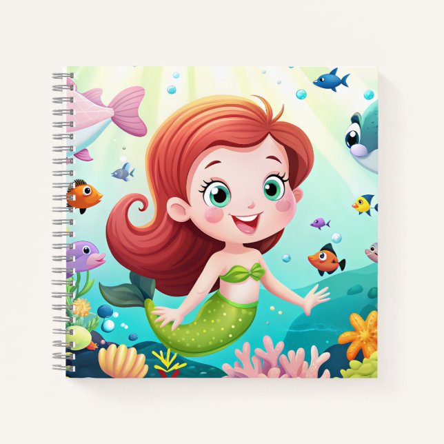 Cuaderno chica de sirena personalizado en el mar con pescad (Anverso)