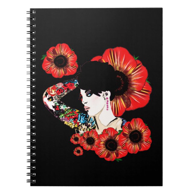 Cuaderno Chica de tatuaje entre las flores de amapola Arte  (Frente)
