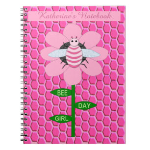 Cuaderno Chica del Día de la Abeja Feliz cumpleaños Rosado 