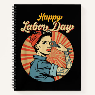 Cuaderno Chica del feliz Día del Trabajo y fuerte movimient