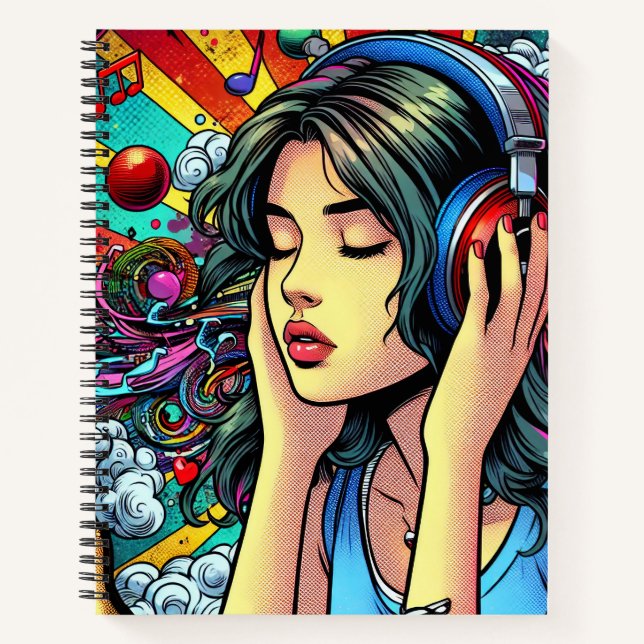 Cuaderno Chica escuchando música sobre audífonos Psicodélic (Anverso)