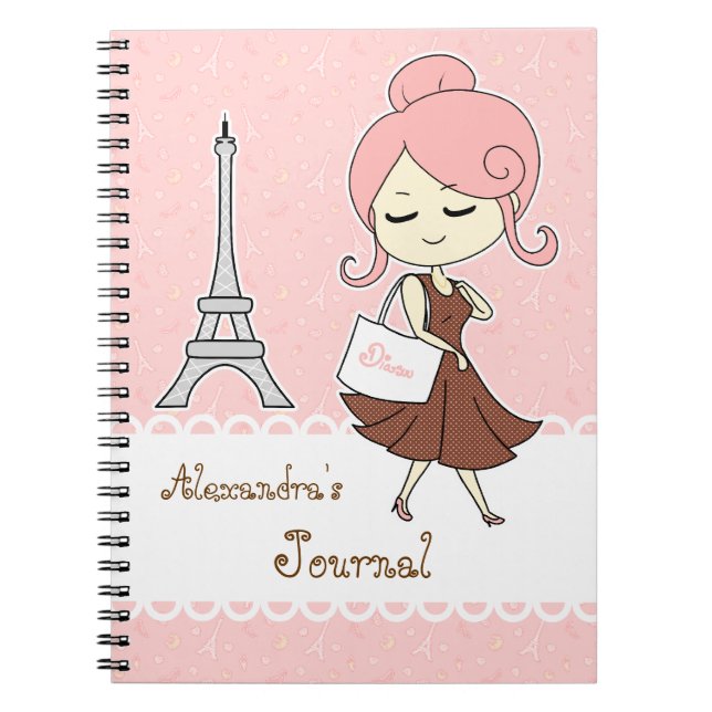 Cuaderno Chica femenino de la torre Eiffel elegante y de (Frente)