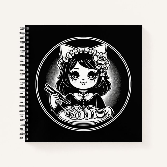 Cuaderno Chica gato lindo comiendo sushi japonés kawaii (Anverso)