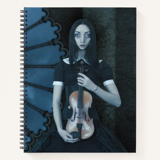 Cuaderno Chica gótico victoriano sostiene violín oscuro fan (Anverso)