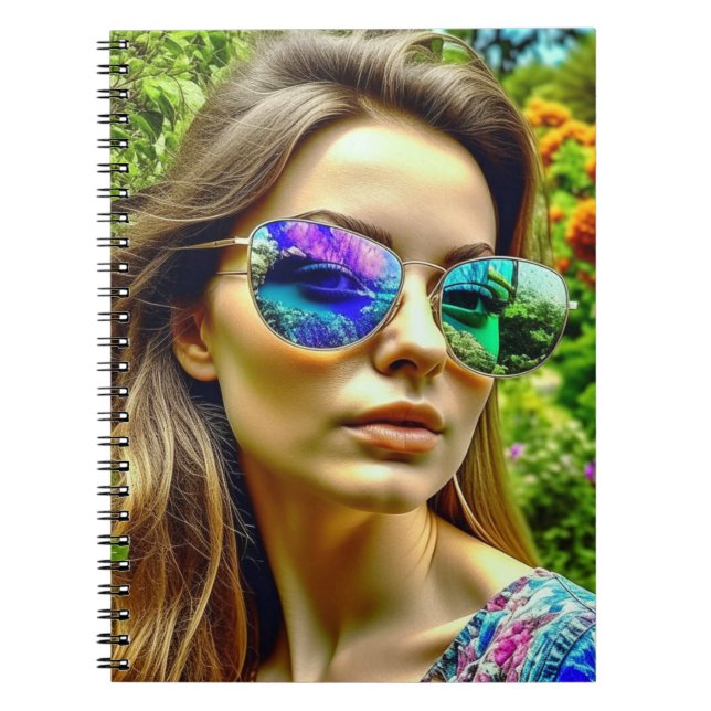 Cuaderno Chica Hermosa con Reflejo de Flores en Gafas de So (Frente)