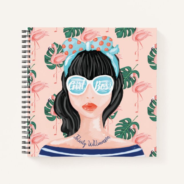 Cuaderno Chica Jefe | Flamingo tropical retro de belleza de (Anverso)