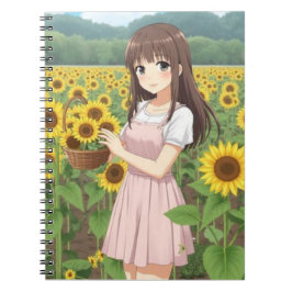 Cuaderno Chica Kawaii de Anime en Jardín de Girasoles