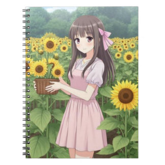 Cuaderno Chica Kawaii de Anime en Jardín de Girasoles