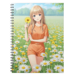 Cuaderno Chica Kawaii de Anime en Jardín de Margaritas