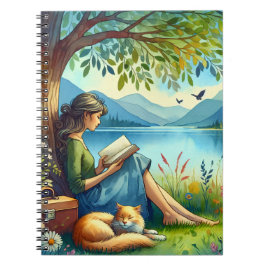 Cuaderno Chica leyendo un libro bajo un árbol con un gato s