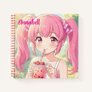 Cuaderno Chica linda de anime en rosa bebiendo té de burbuj