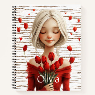 Cuaderno Chica lindo en un vestido rojo con tulipanes