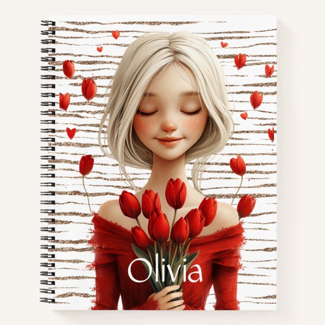 Cuaderno Chica lindo en un vestido rojo con tulipanes (Anverso)