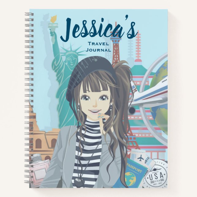 Cuaderno Chica lindo Mundo Viajes Ilustrados Personalizados (Anverso)