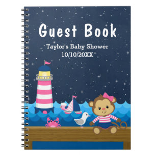 Cuaderno Chica Náutico Monkey Pink Baby Shower Guest Book
