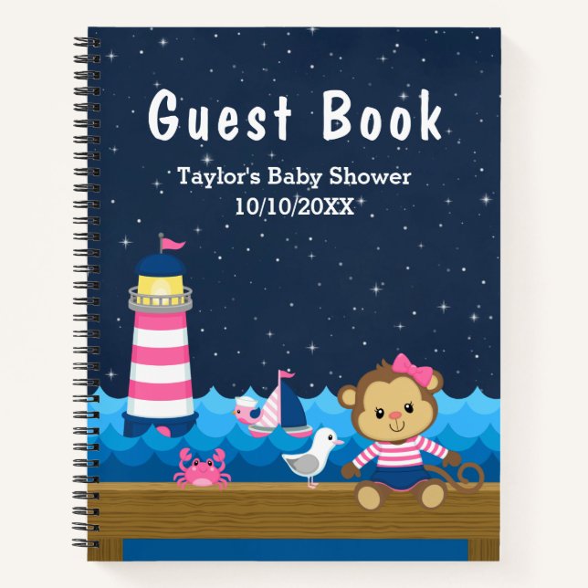 Cuaderno Chica Náutico Monkey Pink Baby Shower Guest Book (Anverso)
