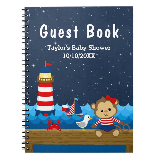 Cuaderno Chica Náutico Monkey Red Baby Shower Guest Book (Frente)