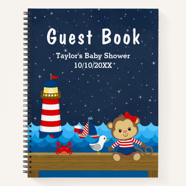 Cuaderno Chica Náutico Monkey Red Baby Shower Guest Book (Anverso)