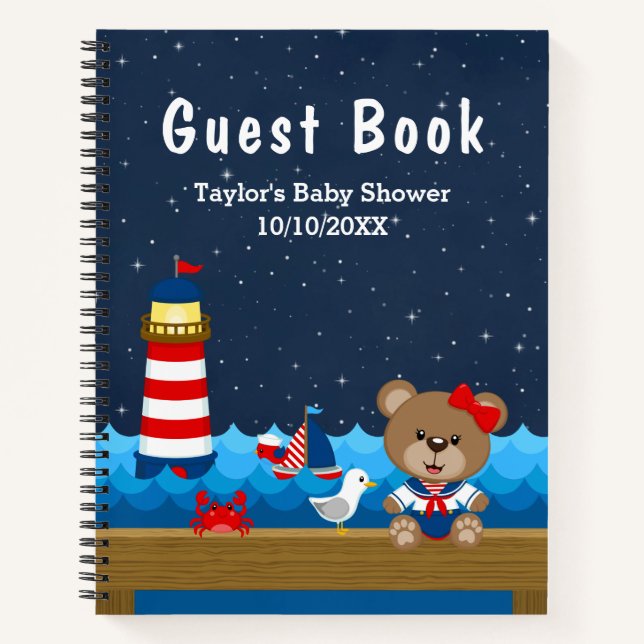 Cuaderno Chica Náutico Oso Red Baby Shower Guest Book (Anverso)