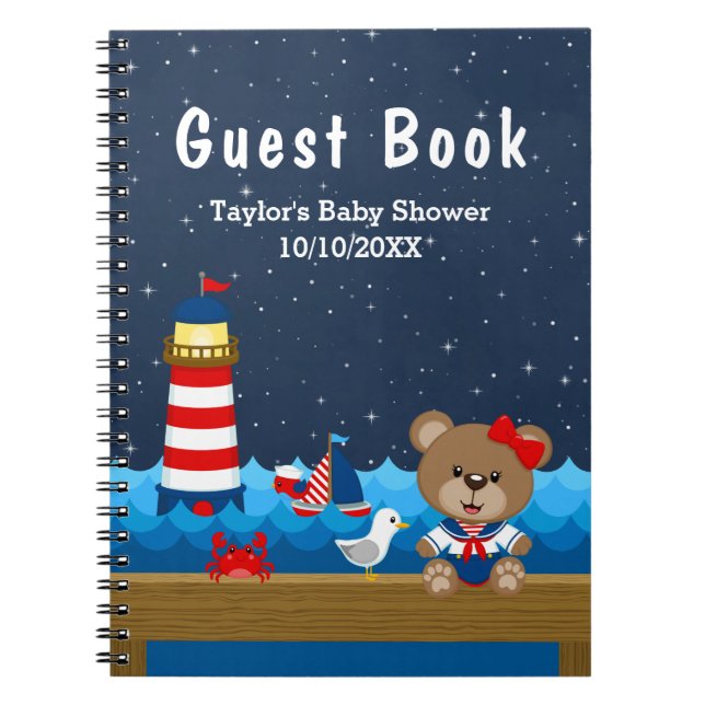 Cuaderno Chica Náutico Oso Red Baby Shower Guest Book (Frente)