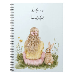 Cuaderno Chica Pelo Rubio Lazo Rosa Conejo Floral Hierba